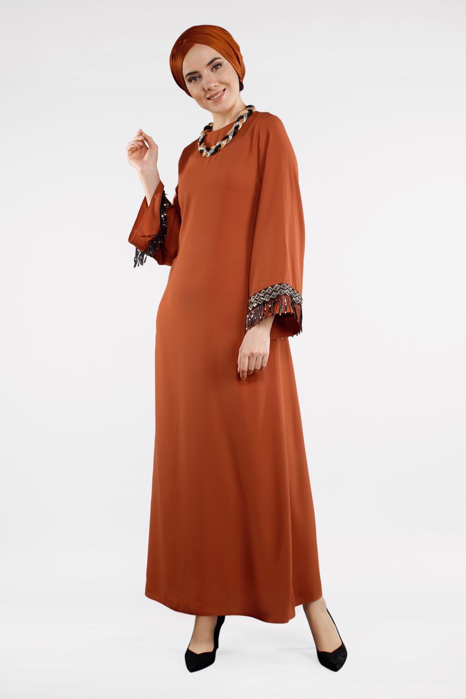 Tesettür giyim TURUNCU PUL PAYET İŞLEMELİ ELBİSE 72391