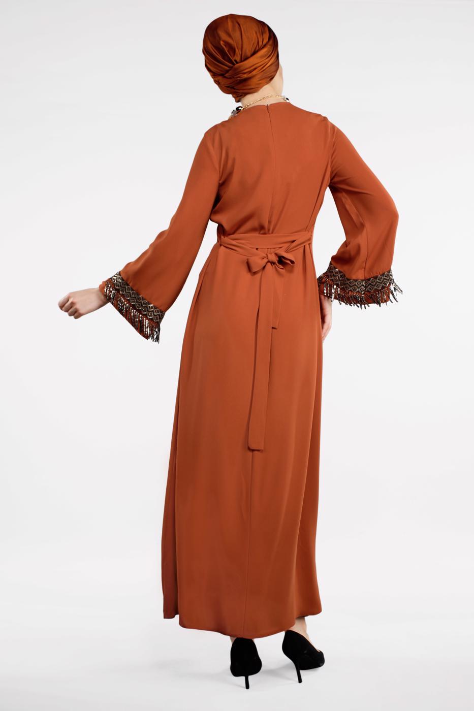 Tesettür giyim TURUNCU PUL PAYET İŞLEMELİ ELBİSE 72391