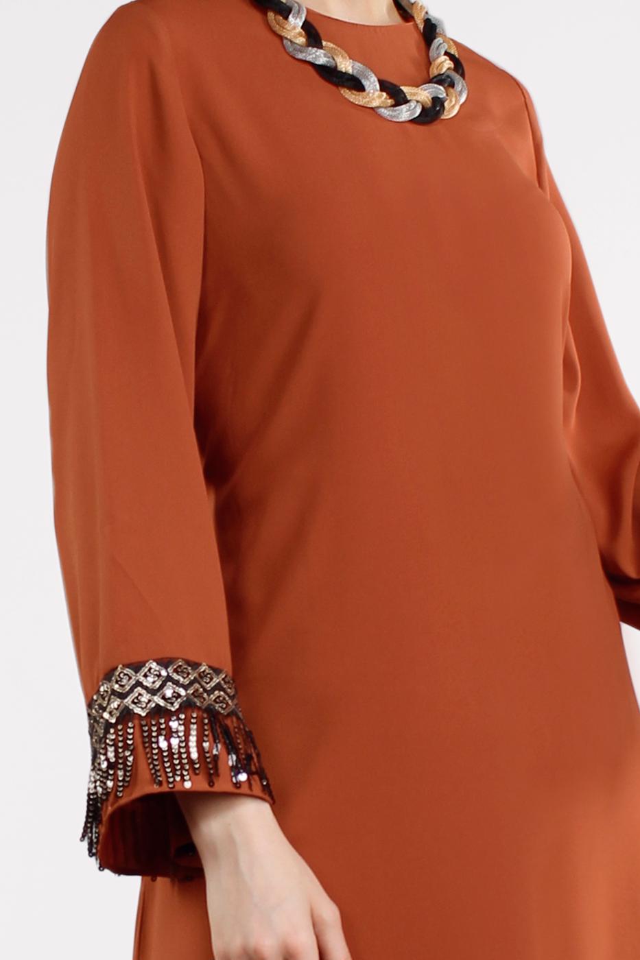Tesettür giyim TURUNCU PUL PAYET İŞLEMELİ ELBİSE 72391