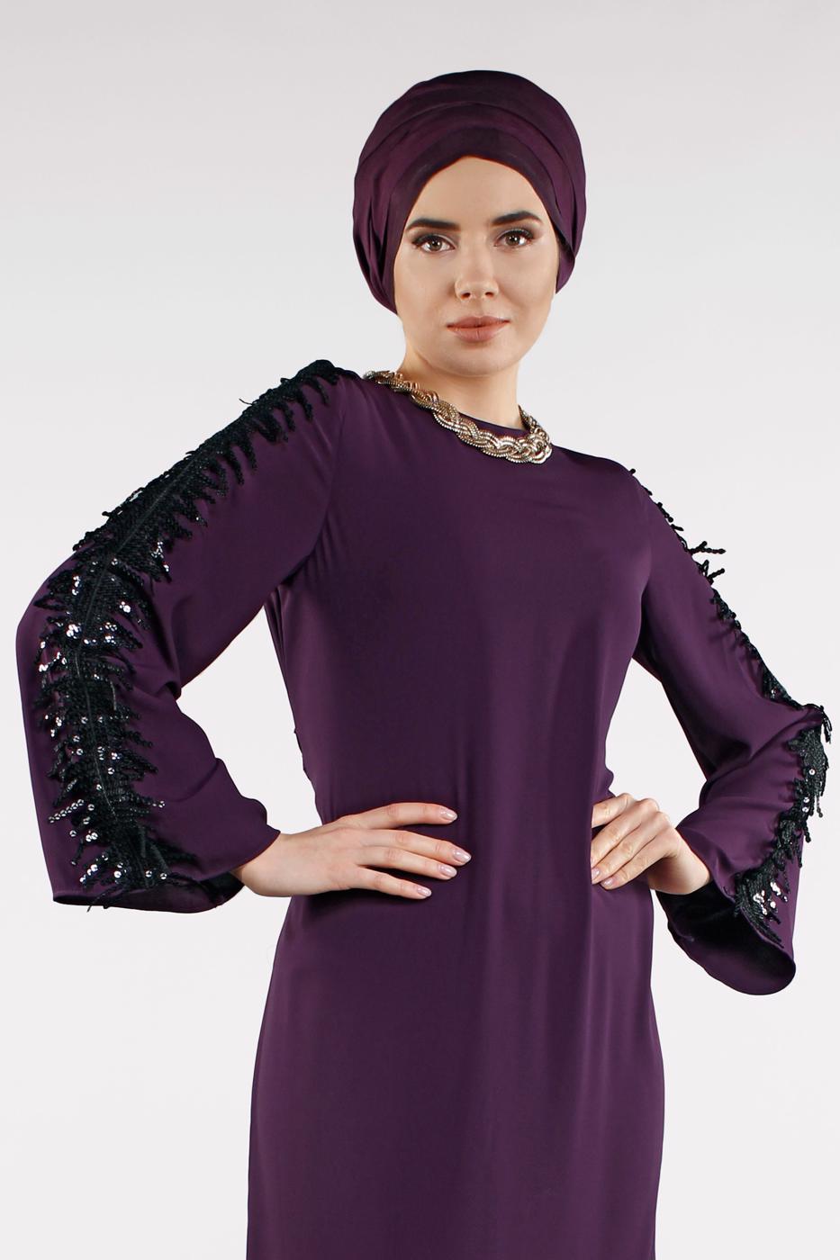 Tesettür giyim MOR PUL PAYETLİ ABİYE ELBİSE 82391