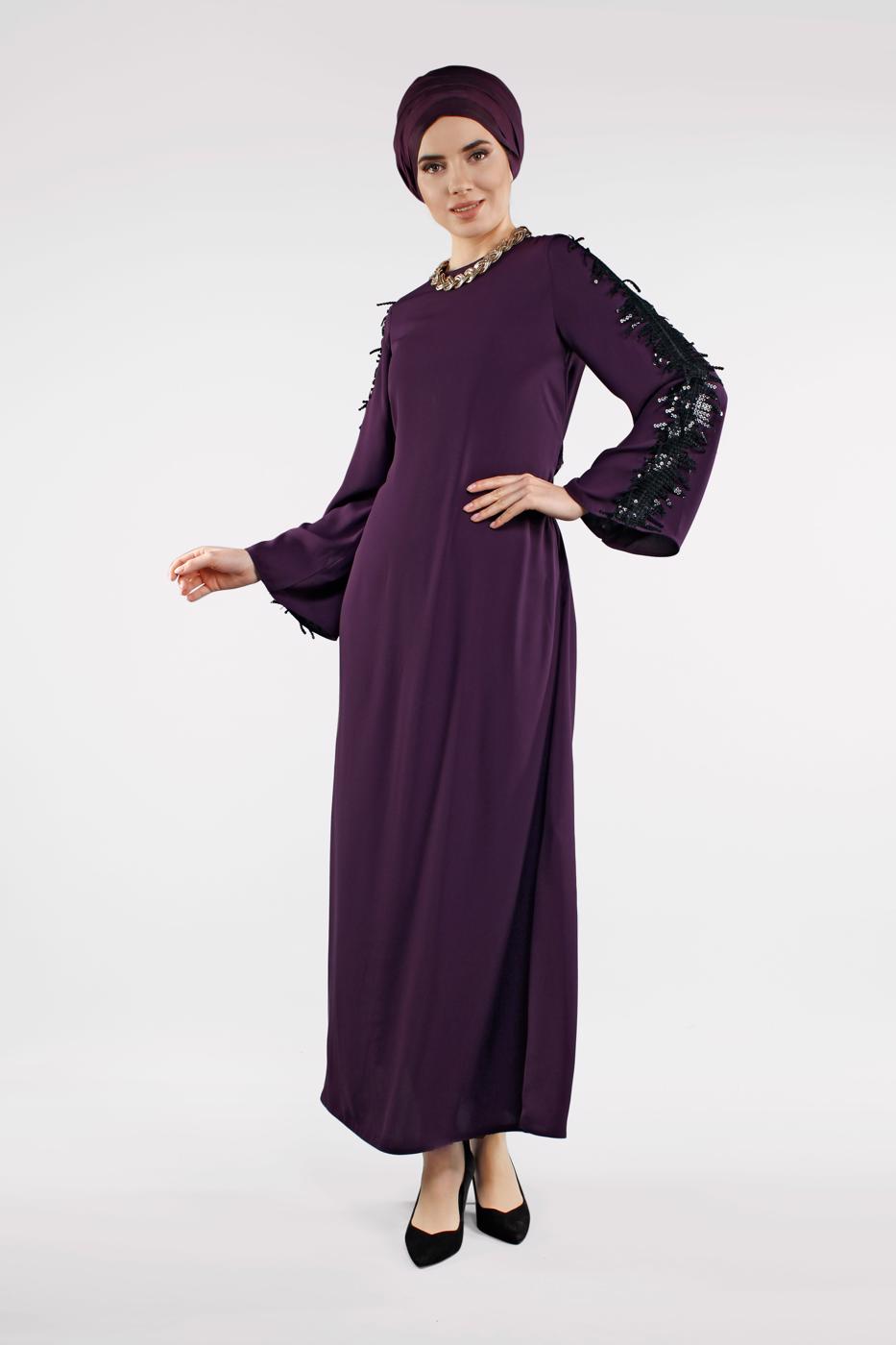 Tesettür giyim MOR PUL PAYETLİ ABİYE ELBİSE 82391