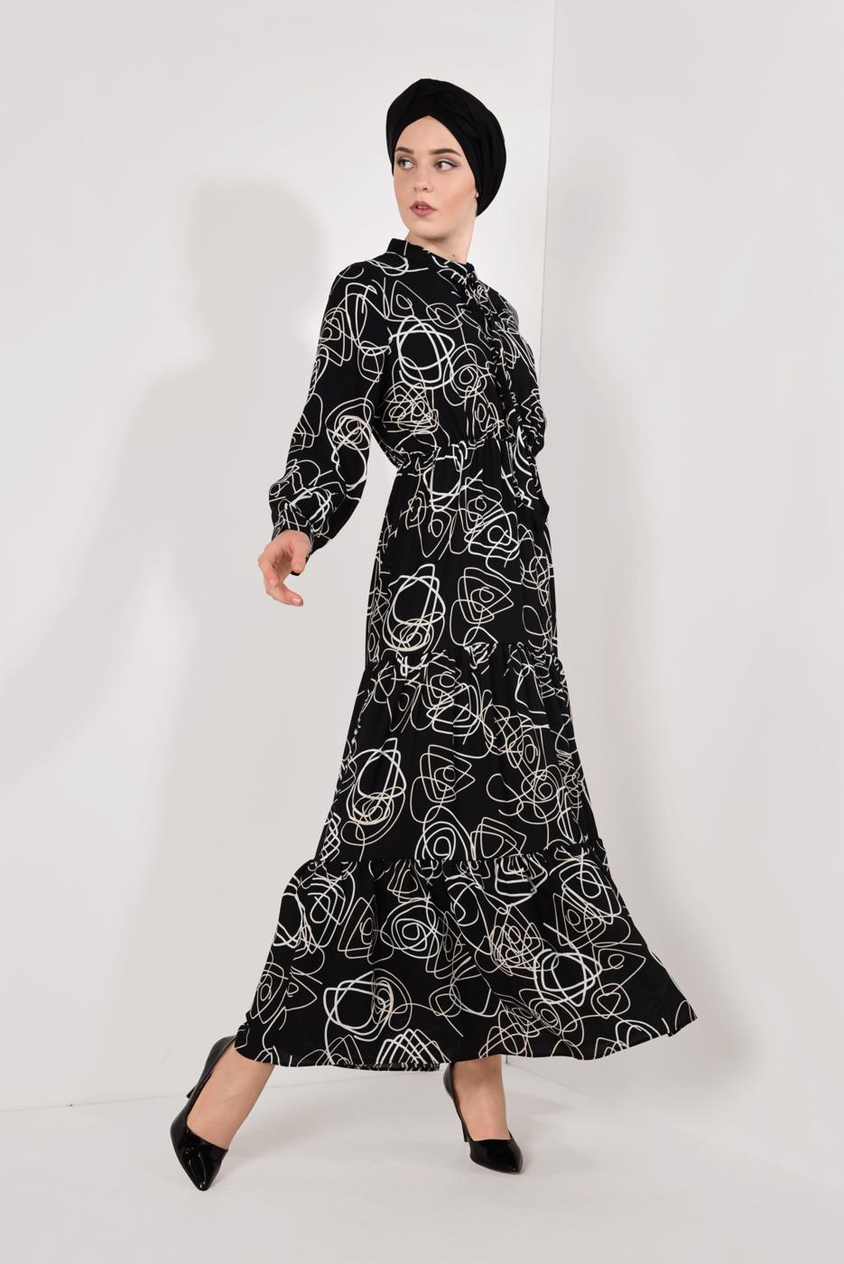Tesettür giyim SİYAH DESENLİ PAMUKLU ELBİSE T 0026