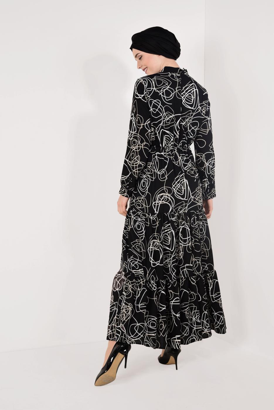 Tesettür giyim SİYAH DESENLİ PAMUKLU ELBİSE T 0026