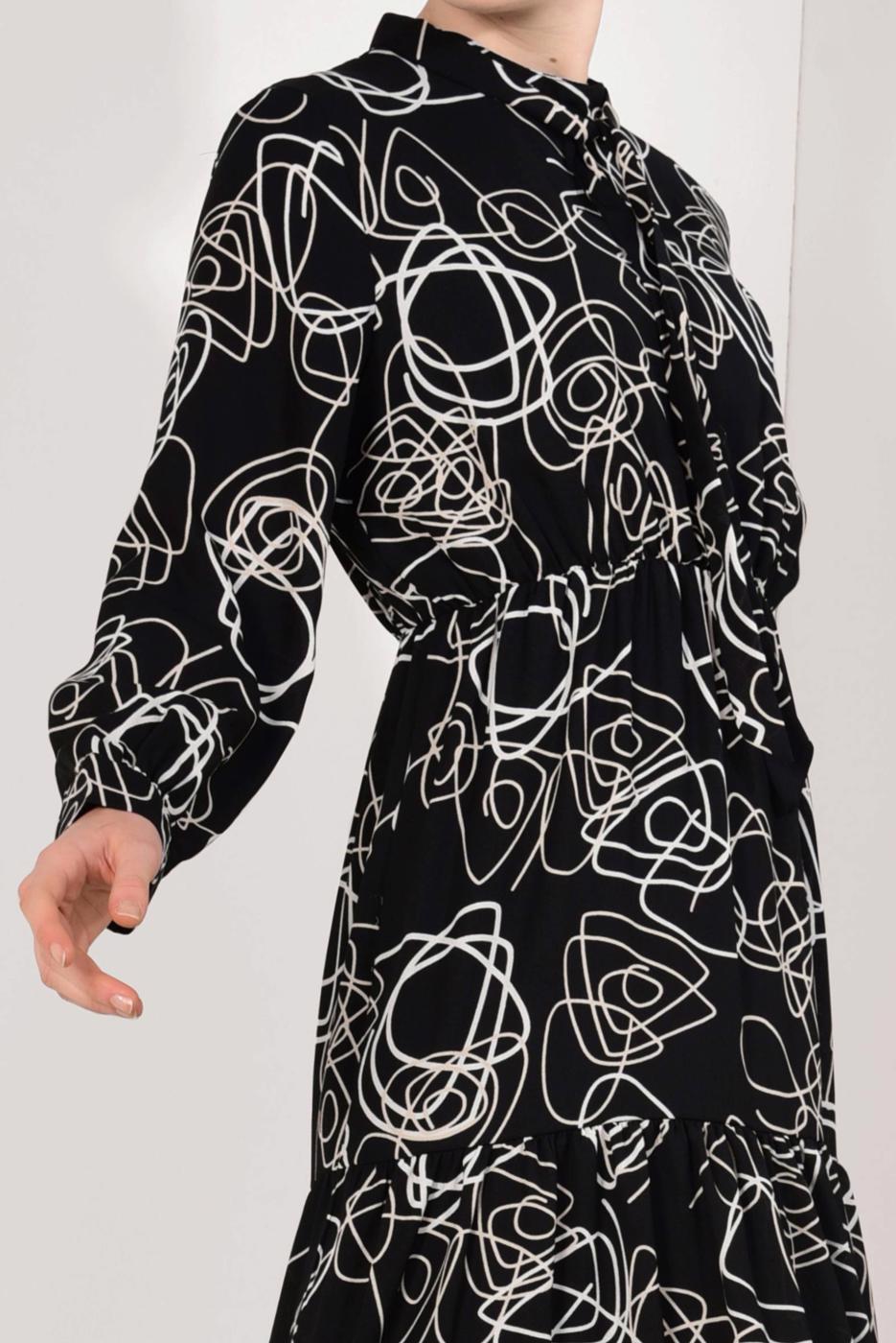 Tesettür giyim SİYAH DESENLİ PAMUKLU ELBİSE T 0026