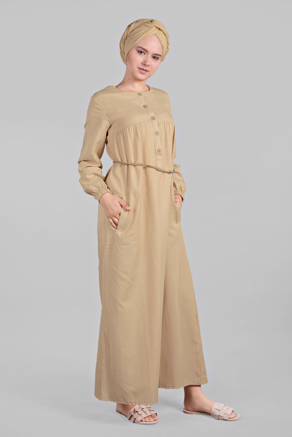 Tesettür giyim BEJ CEP DETAYLI DÜĞMELİ ELBİSE 52 