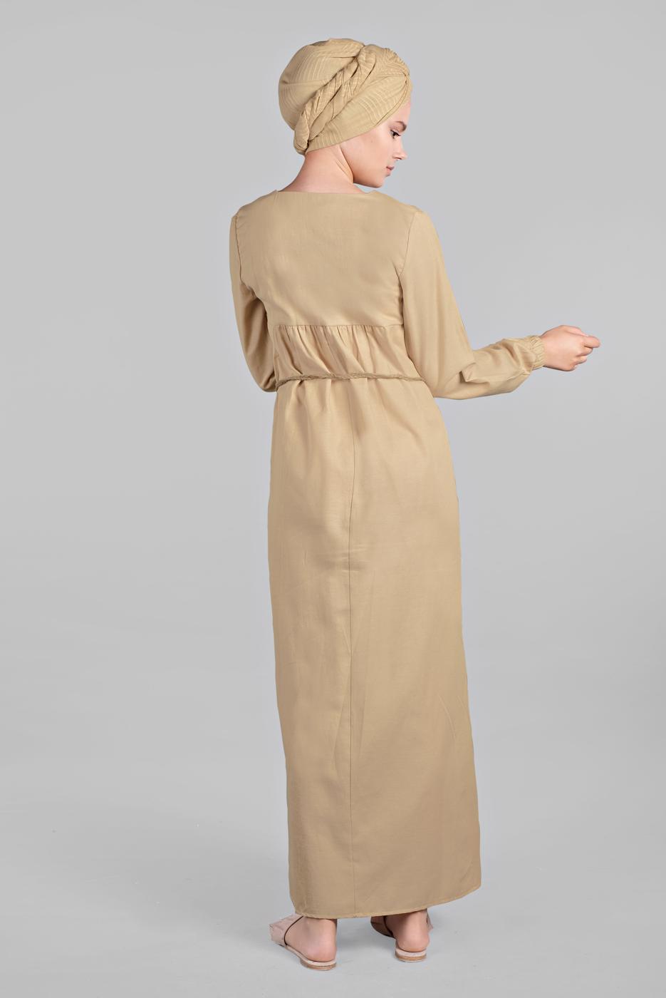 Tesettür giyim BEJ CEP DETAYLI DÜĞMELİ ELBİSE 52 