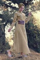 Tesettür giyim BEJ KEMERLİ ÖNDEN DÜĞMELİ ELBİSE 82 