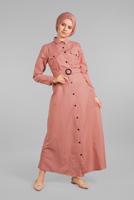 Tesettür giyim PUDRA KEMERLİ ÖNDEN DÜĞMELİ ELBİSE 82 