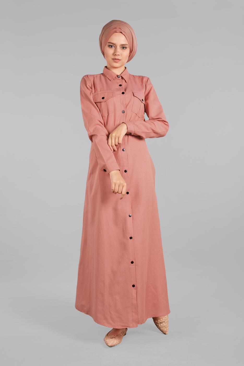 Tesettür giyim PUDRA KEMERLİ ÖNDEN DÜĞMELİ ELBİSE 82 