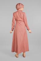 Tesettür giyim PUDRA KEMERLİ ÖNDEN DÜĞMELİ ELBİSE 82 