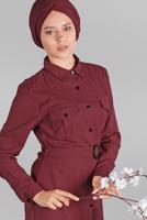 Tesettür giyim BORDO KEMERLİ ÖNDEN DÜĞMELİ ELBİSE 82 