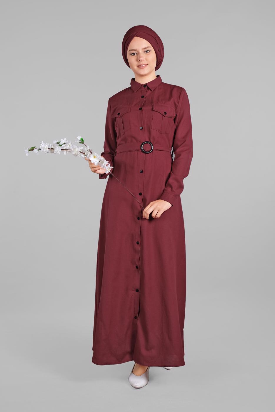 Tesettür giyim BORDO KEMERLİ ÖNDEN DÜĞMELİ ELBİSE 82 