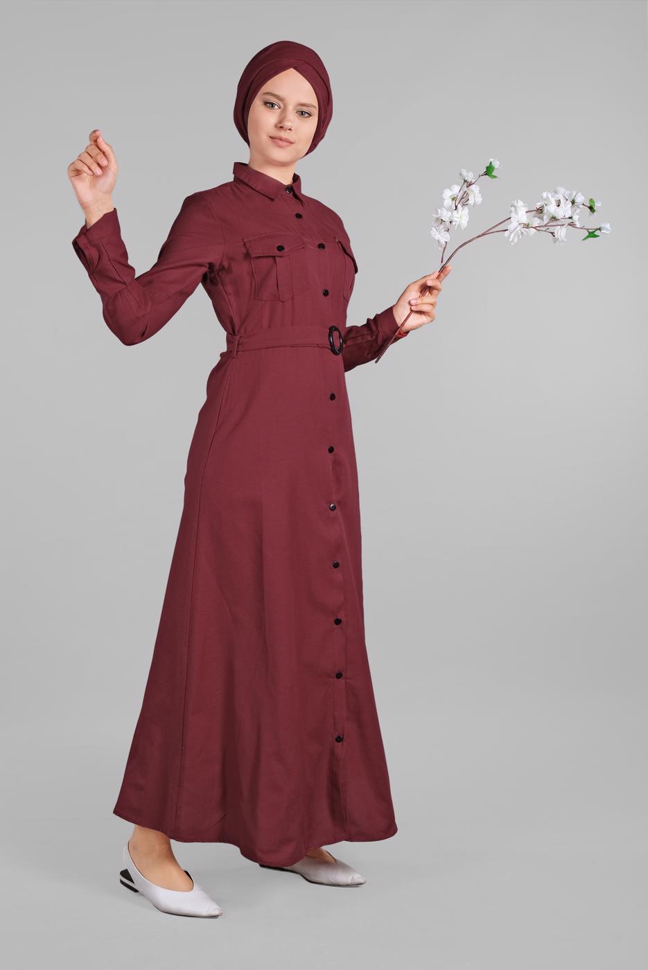 Tesettür giyim BORDO KEMERLİ ÖNDEN DÜĞMELİ ELBİSE 82 