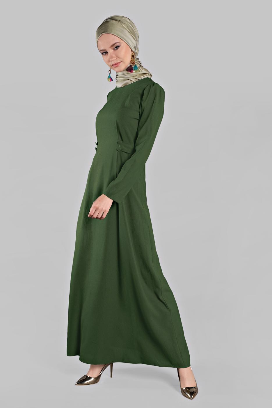 Tesettür giyim HAKİ DÜĞME DETAYLI ELBİSE 094 