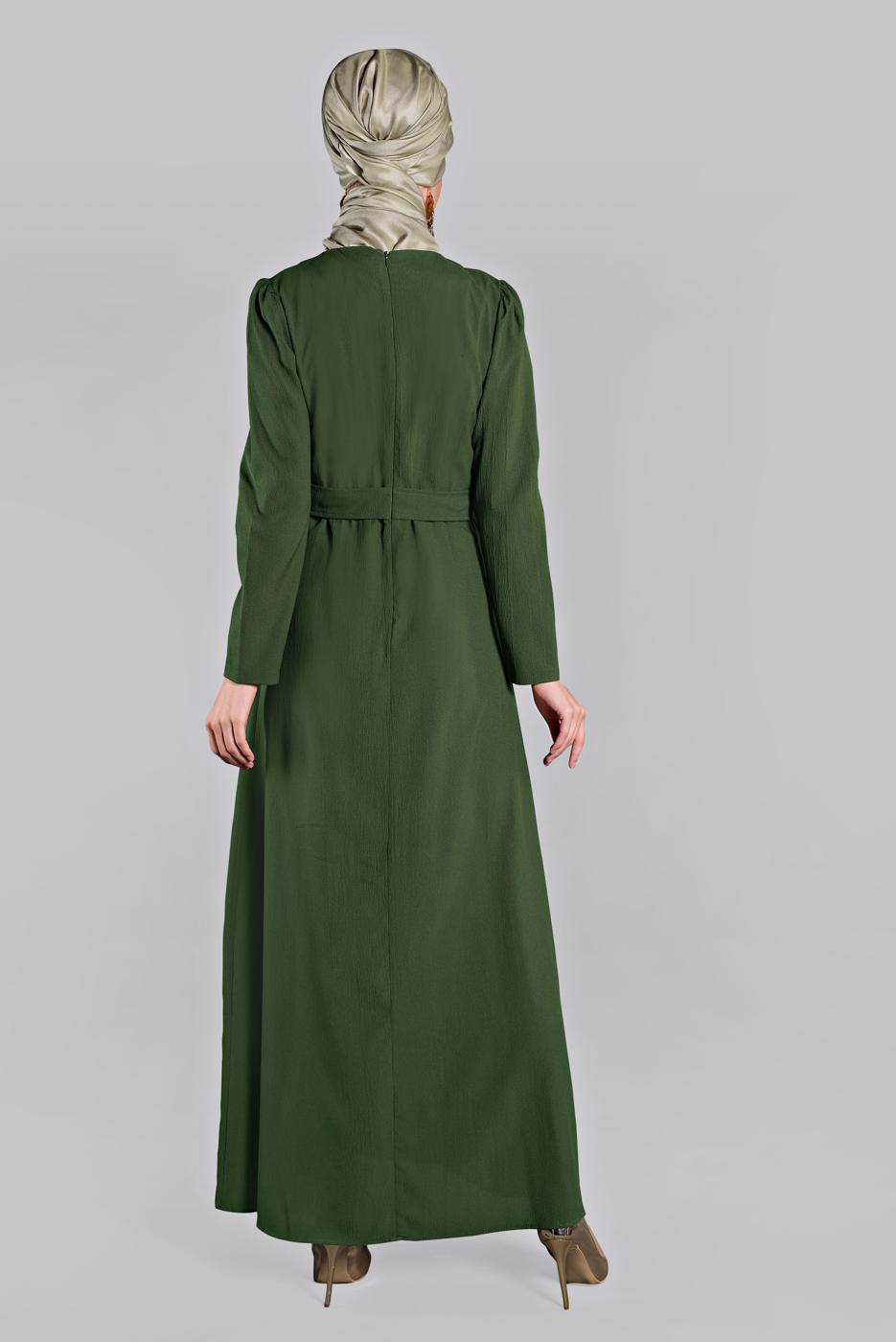 Tesettür giyim HAKİ DÜĞME DETAYLI ELBİSE 094 