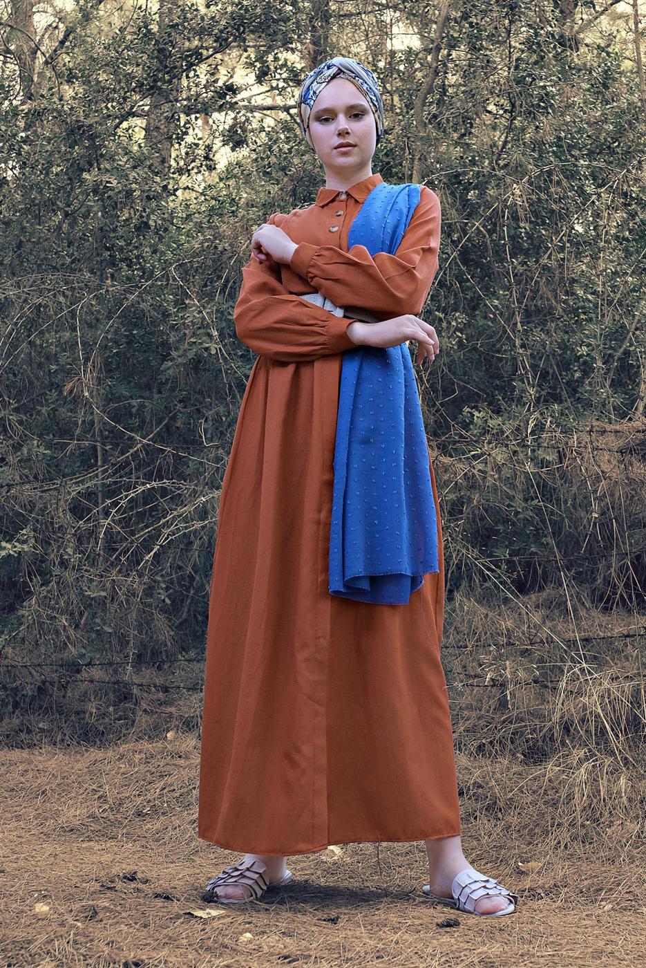 Tesettür giyim KAHVE DÜĞMELİ BELDEN BAĞCIKLI ELBİSE 174 