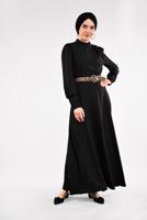 Tesettür giyim SİYAH LEOPAR KEMERLİ UZUN ELBİSE 351