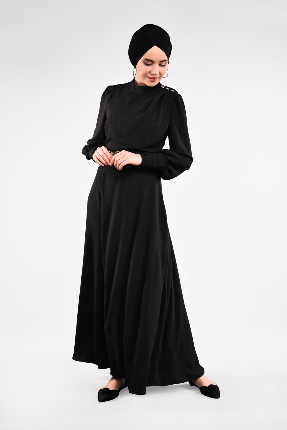 Tesettür giyim SİYAH LEOPAR KEMERLİ UZUN ELBİSE 351