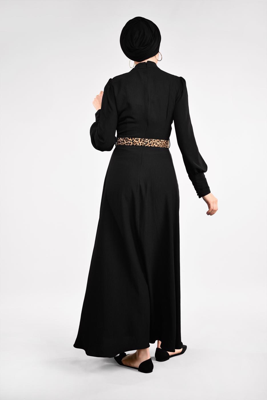 Tesettür giyim SİYAH LEOPAR KEMERLİ UZUN ELBİSE 351