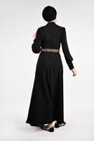 Tesettür giyim SİYAH LEOPAR KEMERLİ UZUN ELBİSE 351