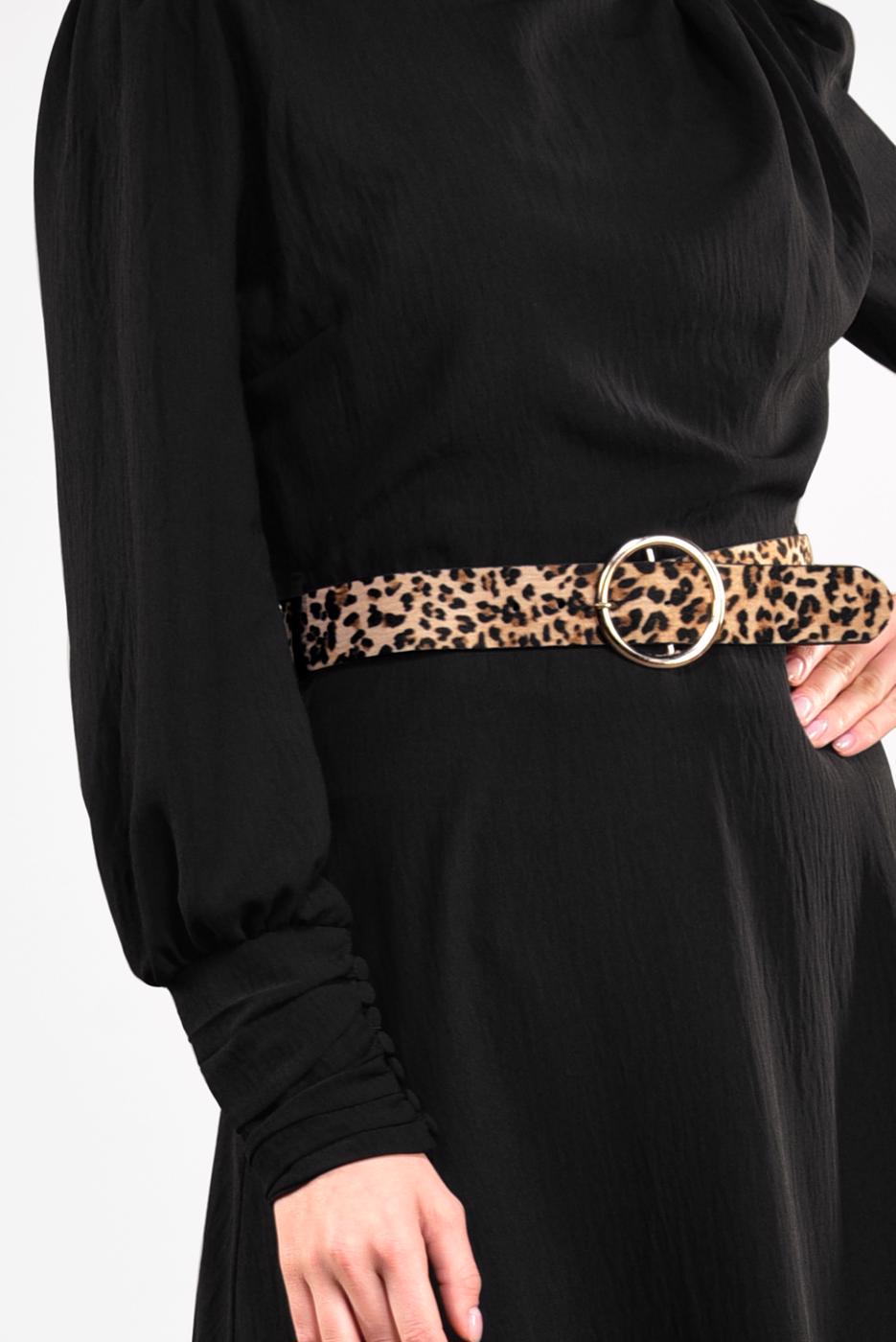 Tesettür giyim SİYAH LEOPAR KEMERLİ UZUN ELBİSE 351