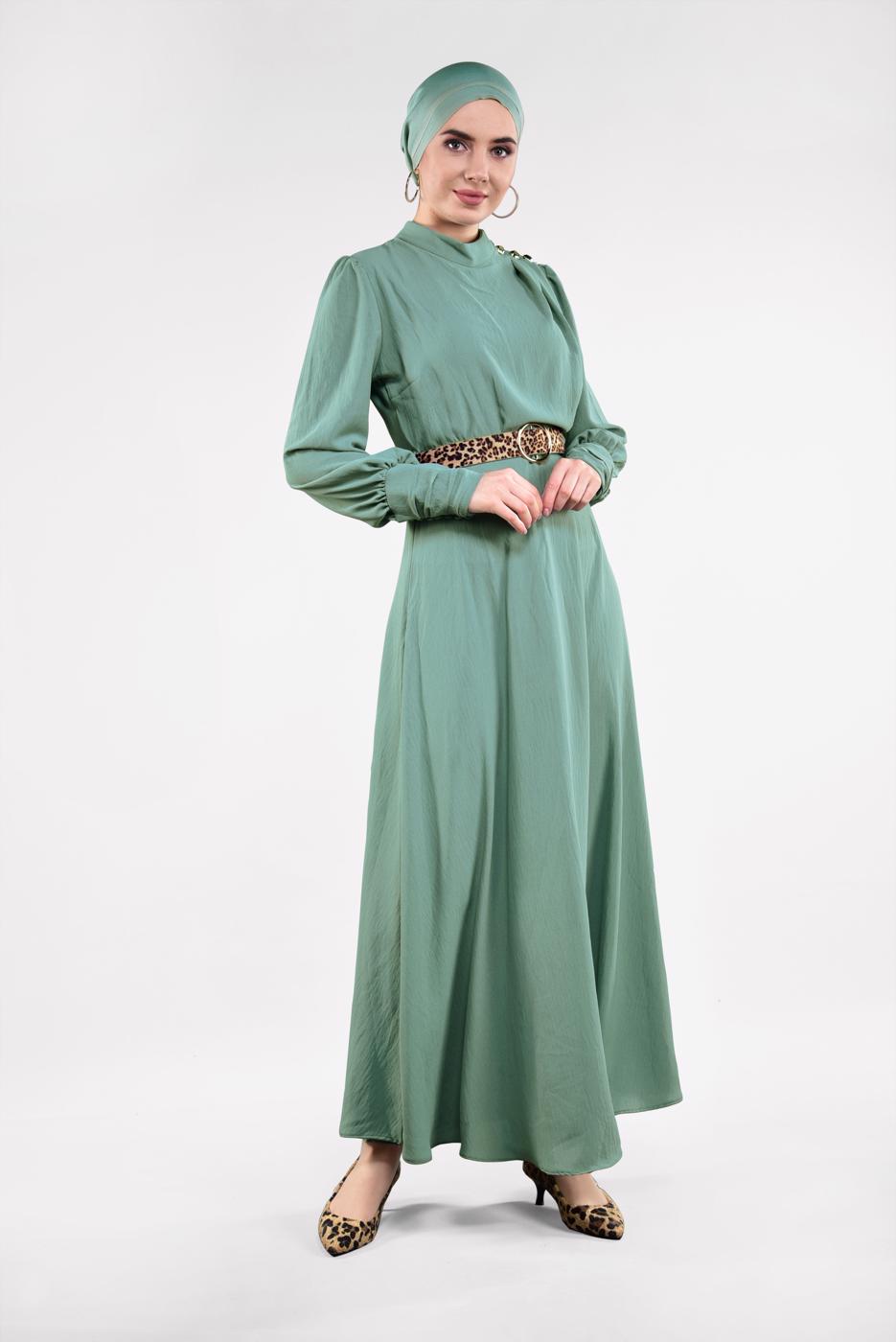 Tesettür giyim YEŞİL LEOPAR KEMERLİ UZUN ELBİSE 351