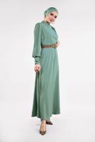 Tesettür giyim YEŞİL LEOPAR KEMERLİ UZUN ELBİSE 351