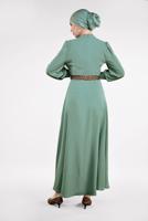 Tesettür giyim YEŞİL LEOPAR KEMERLİ UZUN ELBİSE 351