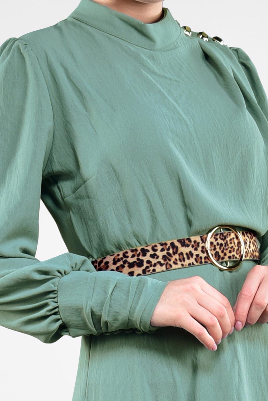 Tesettür giyim YEŞİL LEOPAR KEMERLİ UZUN ELBİSE 351