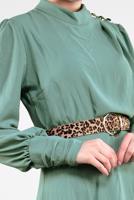 Tesettür giyim YEŞİL LEOPAR KEMERLİ UZUN ELBİSE 351