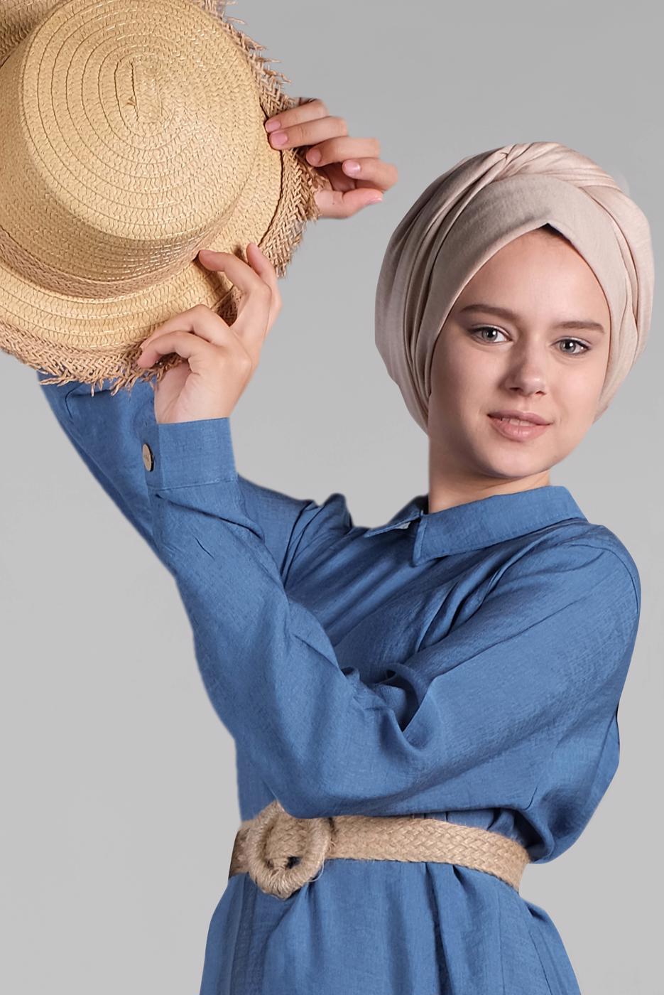 Tesettür giyim MAVİ SIRTI DÜĞMELİ ELBİSE 394 