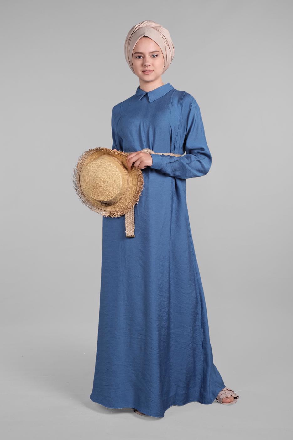 Tesettür giyim MAVİ SIRTI DÜĞMELİ ELBİSE 394 