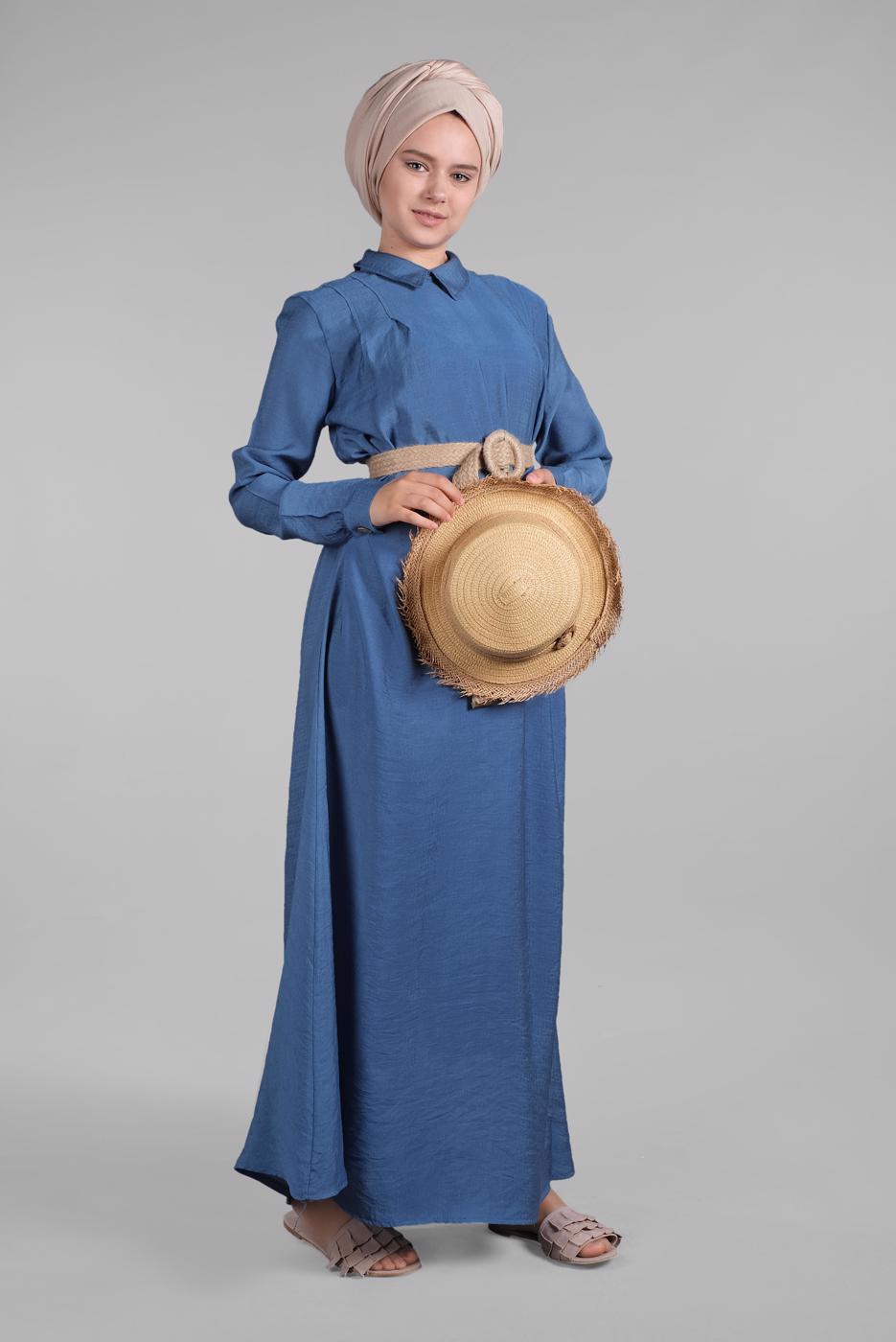 Tesettür giyim MAVİ SIRTI DÜĞMELİ ELBİSE 394 