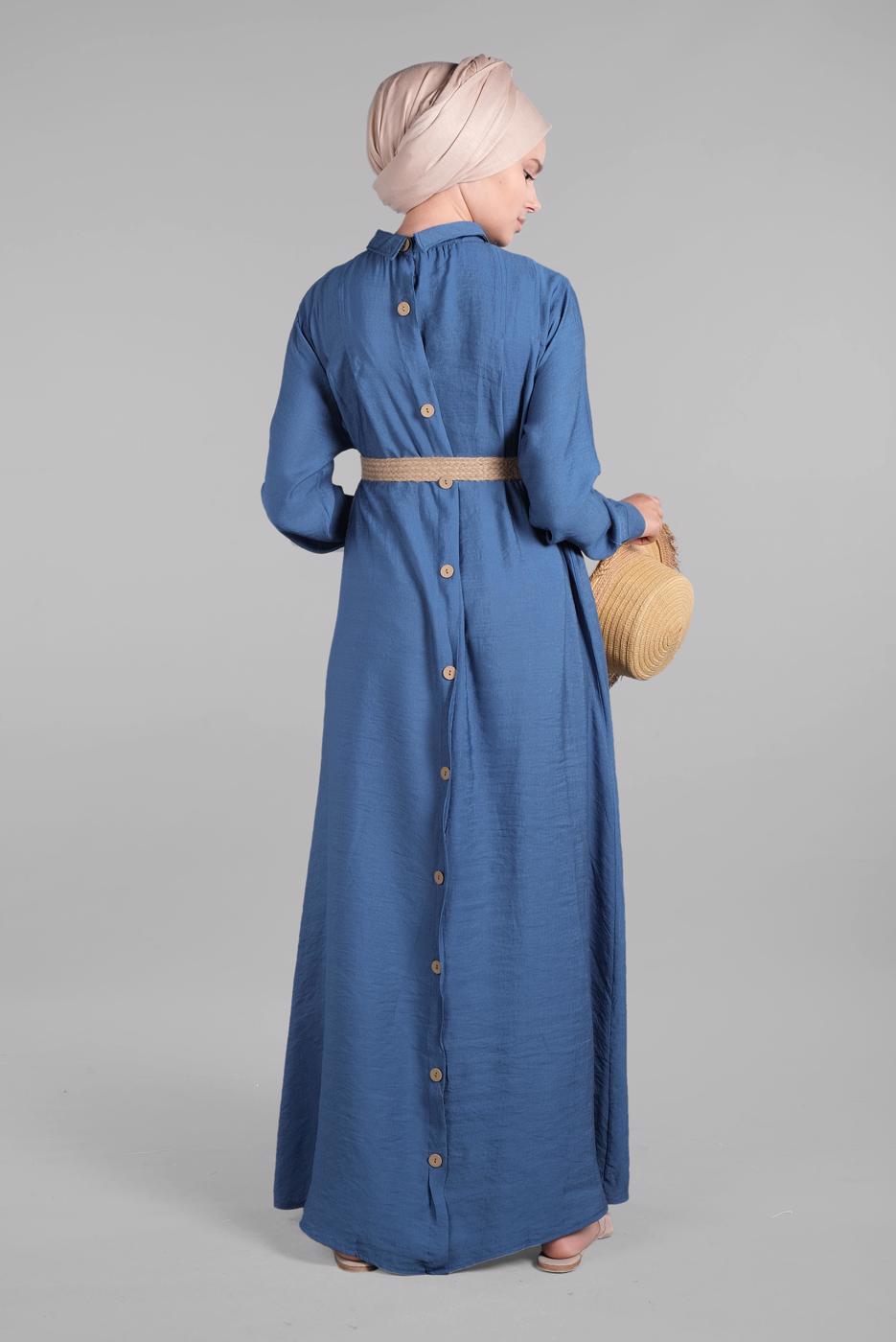 Tesettür giyim MAVİ SIRTI DÜĞMELİ ELBİSE 394 