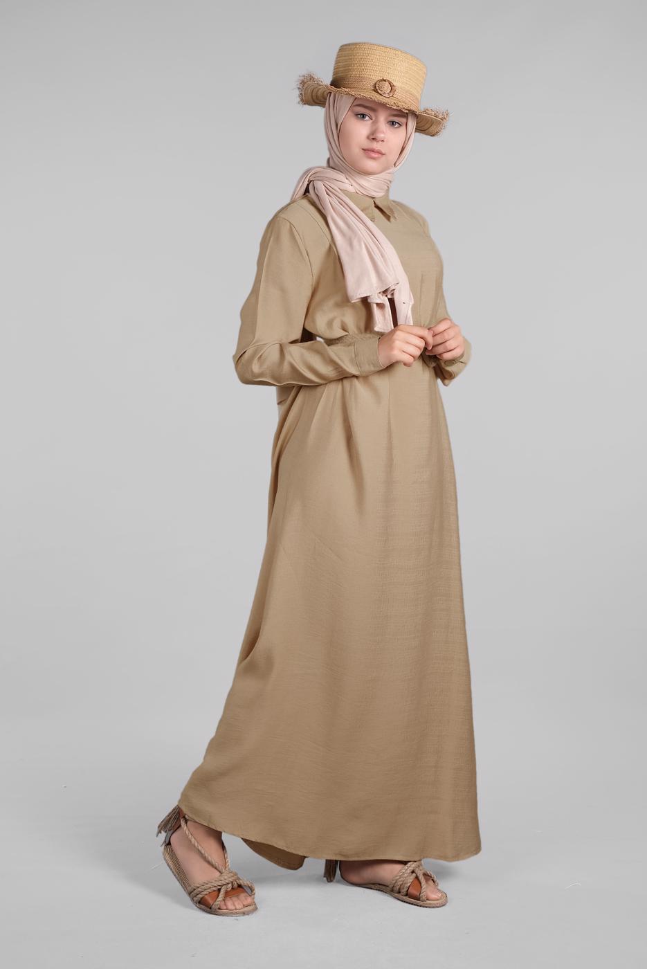Tesettür giyim BEJ SIRTI DÜĞMELİ ELBİSE 394 