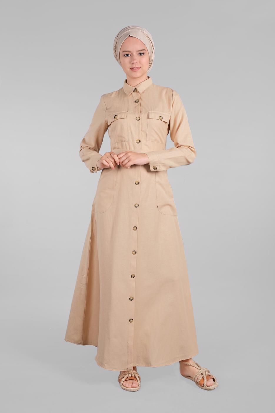 Tesettür giyim BEJ KOMPLE DÜĞMELİ CEPLİ ELBİSE 474 
