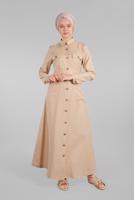 Tesettür giyim BEJ KOMPLE DÜĞMELİ CEPLİ ELBİSE 474 