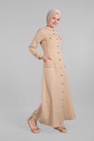Tesettür giyim BEJ KOMPLE DÜĞMELİ CEPLİ ELBİSE 474 