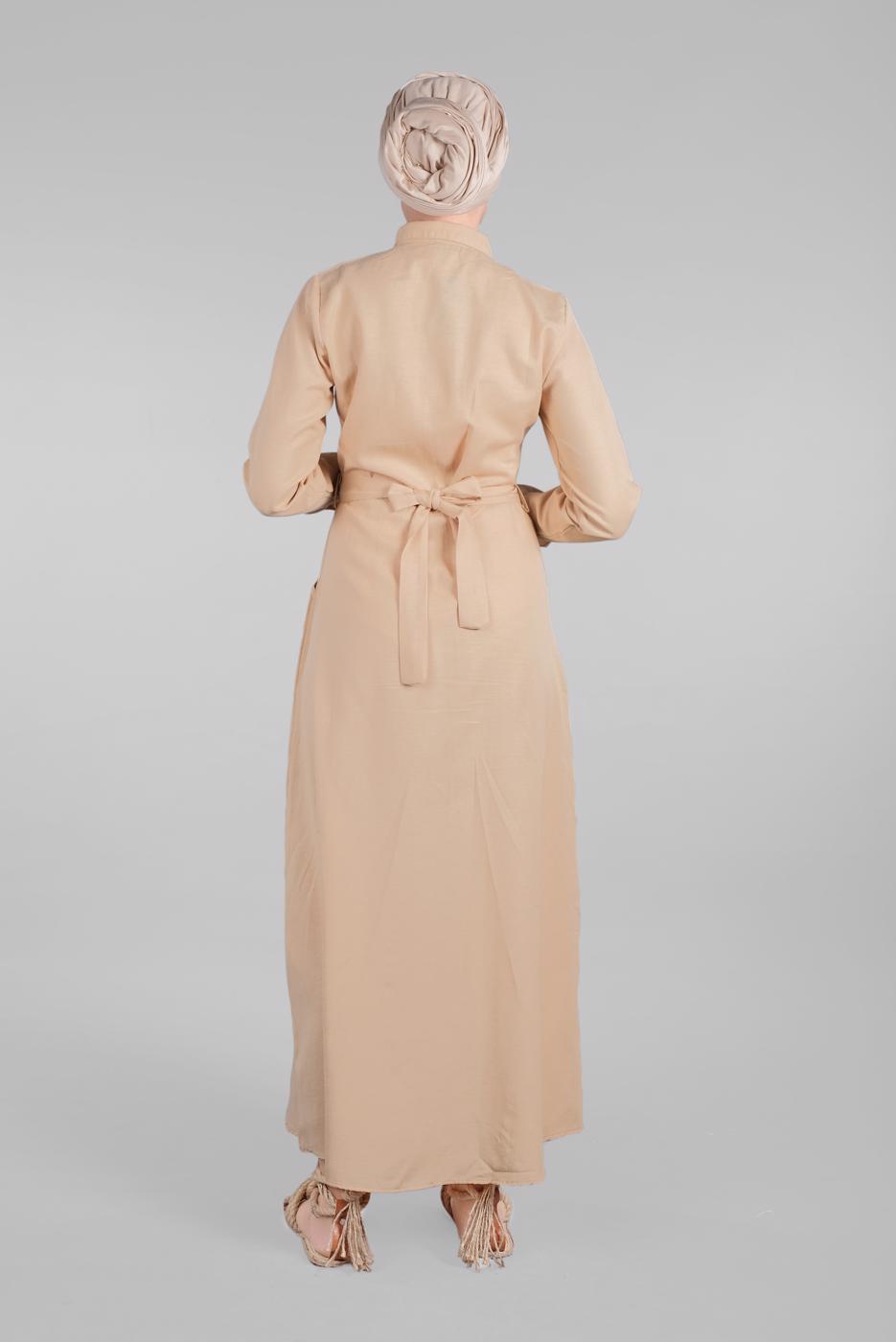 Tesettür giyim BEJ KOMPLE DÜĞMELİ CEPLİ ELBİSE 474 