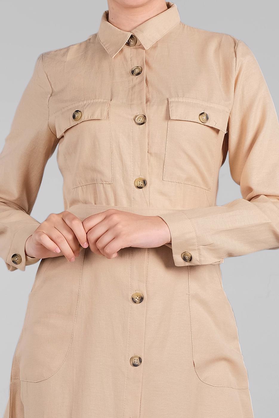 Tesettür giyim BEJ KOMPLE DÜĞMELİ CEPLİ ELBİSE 474 