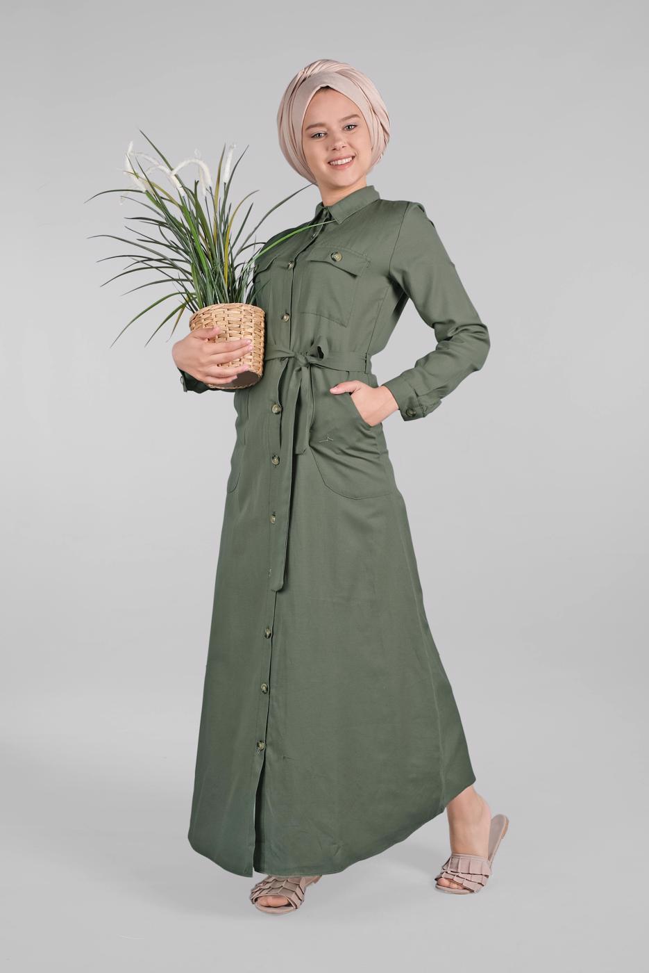 Tesettür giyim HAKİ KOMPLE DÜĞMELİ CEPLİ ELBİSE 474 