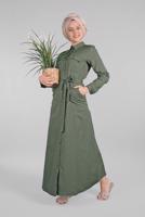 Tesettür giyim HAKİ KOMPLE DÜĞMELİ CEPLİ ELBİSE 474 