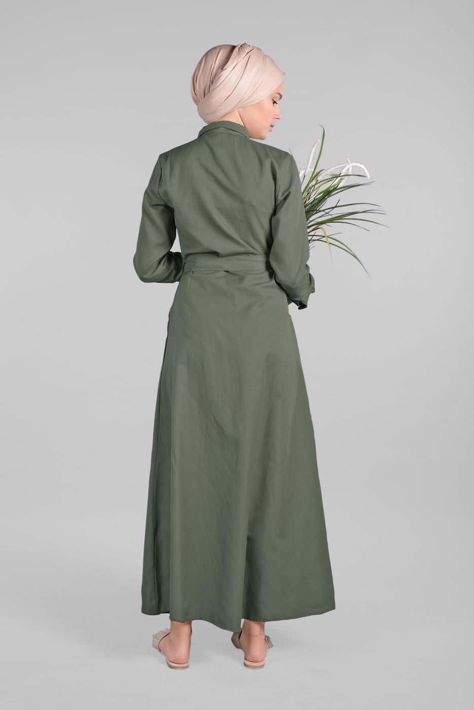 Tesettür giyim HAKİ KOMPLE DÜĞMELİ CEPLİ ELBİSE 474 