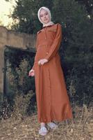 Tesettür giyim KAHVE KOMPLE DÜĞMELİ CEPLİ ELBİSE 474 