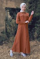 Tesettür giyim KAHVE KOMPLE DÜĞMELİ CEPLİ ELBİSE 474 