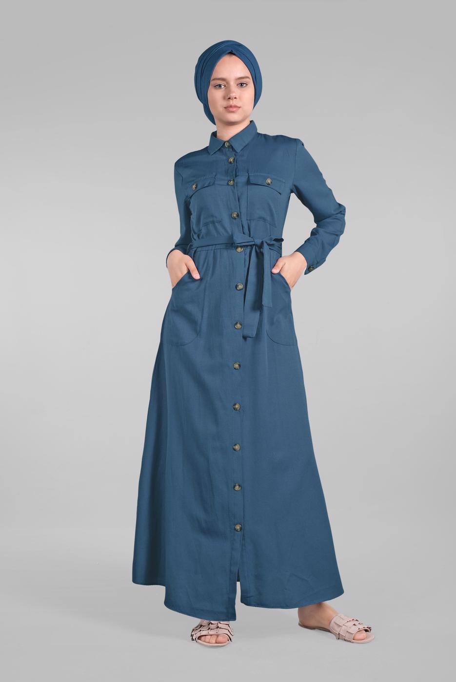 Tesettür giyim LACİVERT KOMPLE DÜĞMELİ CEPLİ ELBİSE 474 
