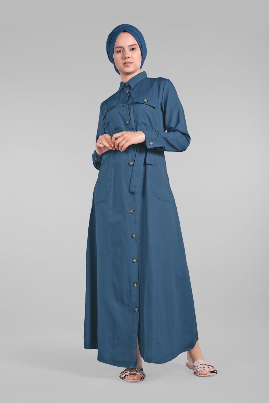 Tesettür giyim LACİVERT KOMPLE DÜĞMELİ CEPLİ ELBİSE 474 