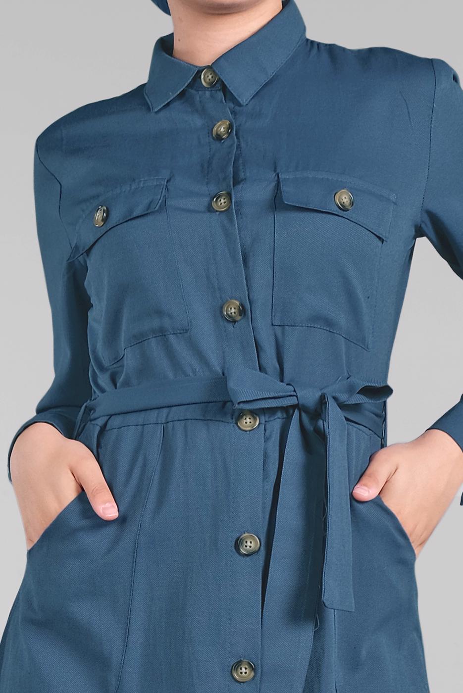 Tesettür giyim LACİVERT KOMPLE DÜĞMELİ CEPLİ ELBİSE 474 