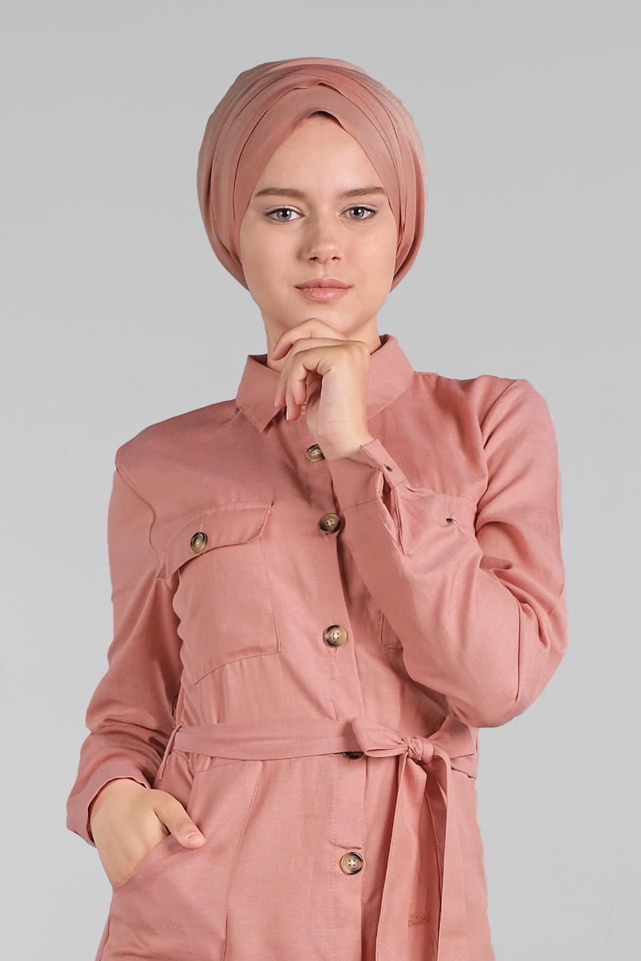 Tesettür giyim PUDRA KOMPLE DÜĞMELİ CEPLİ ELBİSE 474 