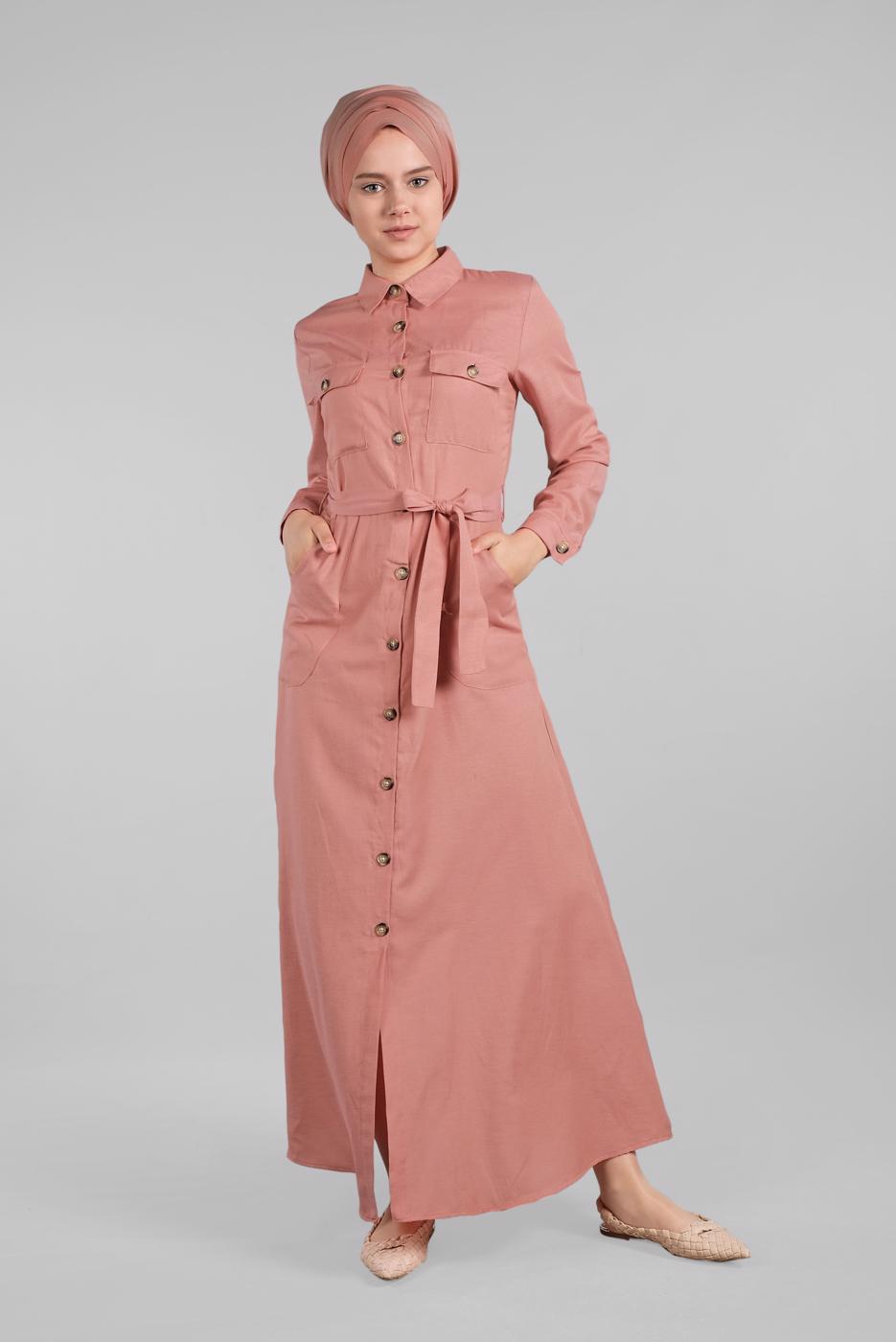 Tesettür giyim PUDRA KOMPLE DÜĞMELİ CEPLİ ELBİSE 474 